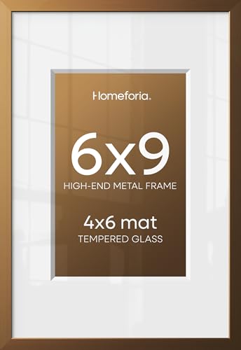 Image of Homeforia 6x9 Picture Frame Bronze, High End Metal 6 x 9 Brass Frames with Mat 4 x 6 for Art, 6x9 Desk Frame Matted to 4x6 inch Photo, 6 by 9 Wall or Tabletop Frame, Tempered Glass, Wall Kit, Set of 2