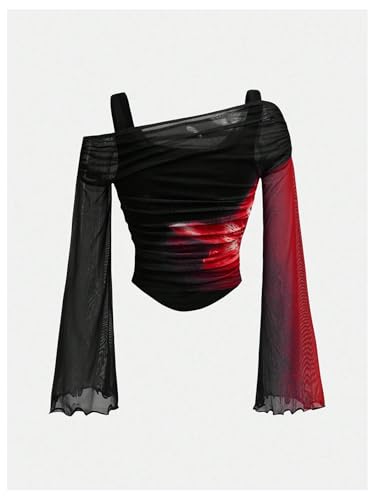 Floerns Girl's Off The Shoulder T Shirts Long Sleeve Floral Mesh Ruched Street Tee Tops2