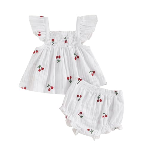 Image of Sasaerucure Summer Outfit Clothes Baby Girl Cherry Sleeveless Tunic T-Shirt Top and Shorts Bloomers Set (White, 3-6 Months)