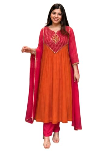 Image of ANNI DESIGNER Viscose Blend Kurta for Women | Kurta with Pant & Dupatta | A Line Embroidered Suit | Indian Ethnic Outfit Office Party Wedding Clothing Fashion Premium Traditional Style Look 3 Piece