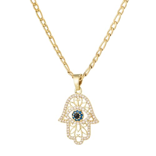 SAELACY 14K Gold Plated Hollowed Hamsa Hand Evil Eye Pendant Necklace for Women Stainless Steel Flat Figaro Chain Necklace (hollow blue eye-gold chain length: 18)
