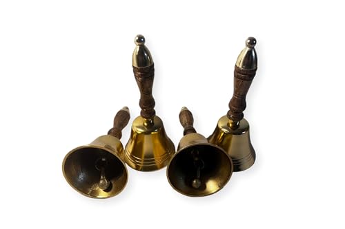 Set of Four Elegant 18cm Aluminium Library Hand Bell with Antique Brass Finish and Wooden Handle