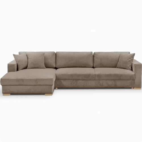 Canapé d'angle à Gauche Convertible 5 Places en Velours côtelé Taupe - Robin