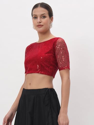 Image of studio rasa Women's Net Sequin Embroidered Sheer Sleeves Readymade Saree Blouse for Wedding Festive Party