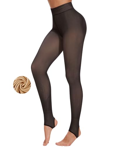 Image of DOCUMO Fleece Lined Tights for Women Thermal Pantyhose Winter Warm Fake Translucent Tights High Waisted Thick Leggings