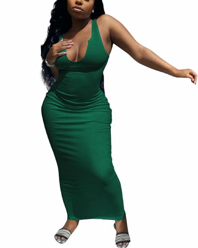 Image of Nimsruc Women Casual Sexy Deep U Neck Tank Top Bodycon Dress Summer Sleeveless Wrap Long Basic Party Club Maxi Dresses