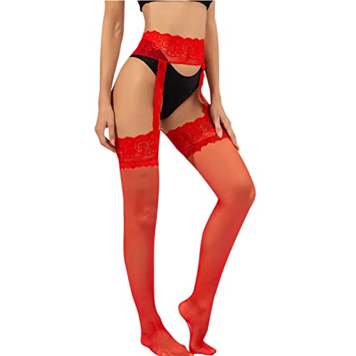 Generisch Bas Femmes Dentelle Résille Transparent Collants Noirs Sexy Mère de Noël Lingerie, rouge, taille unique