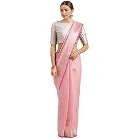 India Meets India Ethnic Indian Women's Bhagalpuri Handloom Cotton Linen Saree with Contrast Blouse (Light Pink) Cover