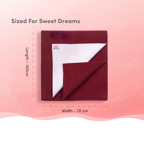 Image of Mylo Baby Waterproof Mattress Protector for Baby (0-3 Years), Extra Absorbent, Soft and Reusable Quick Dry Sheets (Medium, 100cm x 70cm, Maroon)