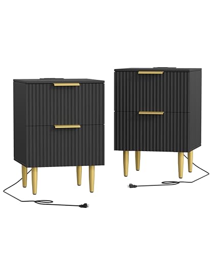 Akxomel Black Nightstand Set of 2 Fluted Night Stand with Charging Station 13.8 D x 15 W x 23.2 H 2 Drawers Modern Bedside Table with USB Ports and Outlets Golden Side Table for Bedroom