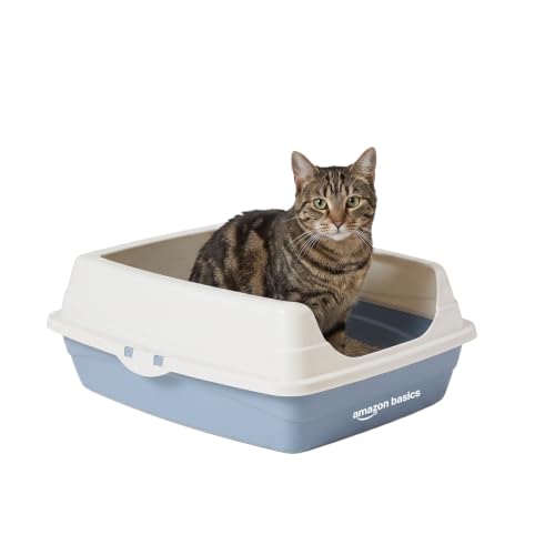 Image of Amazon Basics Premium Cat Litter Tray | Sapcious Open Entry Cat Litter Box | Easy Access & Cleaning Design | Blue + White | 49 x 39 x 18 cm | Suitable for Kittens & Cats