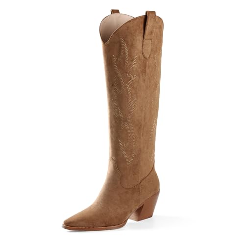 iiimmu Cowgirl Boots Knee High Pointed Toe and Block Heel Suede Cowboy Boots for Women with Embroidered, Light Brown Size 9.5