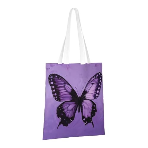 Butterfly Purple Print Reusable Canvas Tote, Shopping Bag With Handles For Daily And Grocery Use2