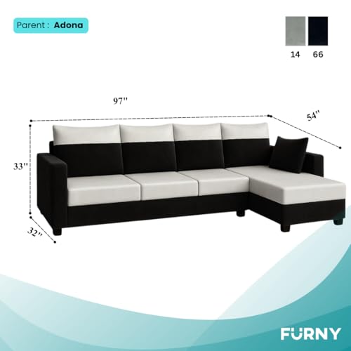 Image of FURNY Arissa 5 Seater Fabric RHS L Shape Sofa Set with Extra Cushions (Light Grey-Black) Premium Velvet Finish | Ideal of Living Room