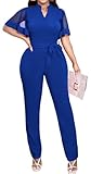 Yiershu Jumpsuits for Women Elegant V Neck Short Mesh Ruffle Sleeve High Waist Long Pants Businiss Rompers Straight Club Jumpsuit With Pockets Belt(Royal Blue,XXL)