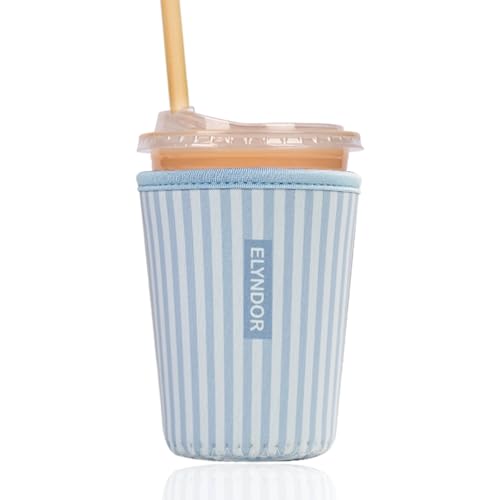 Image of Reusable Insulated Sleeve for Iced Coffee Cup, Coffee Neoprene Sleeve for Cold & Hot Drinks, Beverage Holder for Iced Coffee (Blue Stripes, Small: 16-18oz)