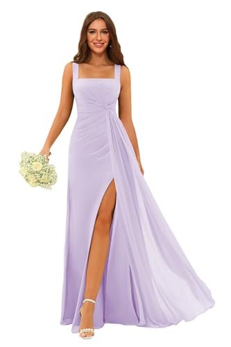 Image of Stylefun Square Neck Bridesmaid Dresses Long with Slit Pleated A Line Chiffon Formal Evening Dress STN001