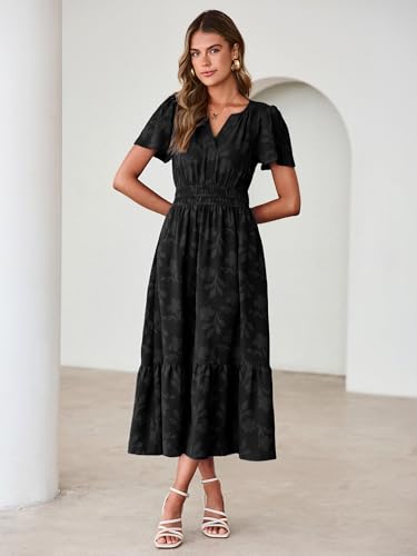Image of Simplee Womens Summer Boho Maxi Dress Semi Formal Wedding Guest Short Sleeve V Neck Empire Waist Floral Long Dresses