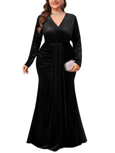 ZOMVA Plus Size Velvet Wrap Dress Long Sleeve V Neck