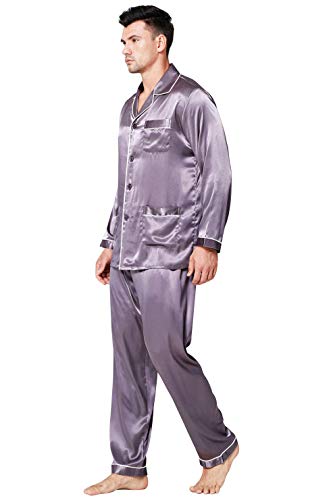 Lonxu Pajamas Set Mens Silk Satin Pajamas Long Sleeve Loungewear Two-Piece Sleepwear Button-Down Pj Set S-Xxxxl (Gray, M) #TOP1