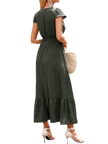Image of CzzzyL Women Nursing Boho Maxi Dresses Cap Short Sleeve V Neck Swiss Dot High Waisted A-Line Ruffle Tiered with Pockets
