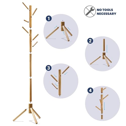 Image of Ash & Roh Natural Wooden Coat Rack Stand With Hooks Adjustable Height, Easy Assembly, Sturdy Solid Base for Coats, Hats, Handbags Entryway, Hallway, Bedroom, Office (Beige, 92-2)