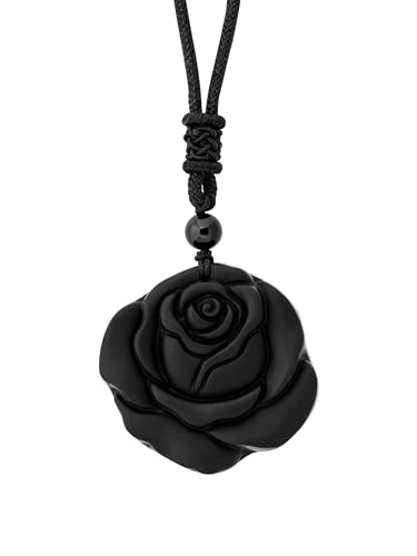 MINACHI Gothic Black Obsidian Rose Floral Pendant Necklace with Braided Cord, Gothic Jewelry Gift for Women