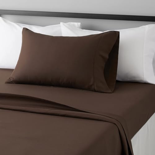 Image of Amazon Basics Lightweight Super Soft Easy Care Wrinkle Free Microfiber 3 Piece Bed Sheet Set with 14-Inch Deep Pockets, Twin, Chocolate, Solid