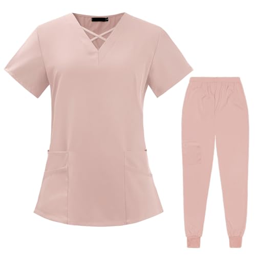 PengGengA Set de Exfoliante para Mujer Túnicas de Salud Manga Corta Cuello en V Tops Pantalones con Bolsillos (Rosa, M)