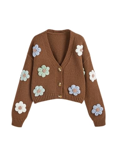 Image of CIDER Women's Floral Cropped Cardigan Cute Flower V Neck Button Down Trendy Sweater