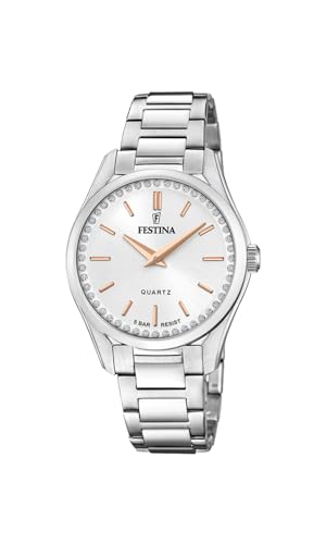 Festina Montre Femme Analogique Acier Inoxydable 316L Argenté - Quartz - Verre minéral Haute résistance - Étanche 5 ATM F20583/1 - Mademoiselle
