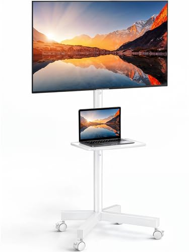 Image of PERLESMITH Rolling White TV Stand for 23-65 Inch TVs up to 99 lbs, Portable TV Stand on Wheels with Height Adjustable Shelf, Outdoor Mobile White TV Cart for Bedroom, Max VESA 400x400mm, PSTVMC04W