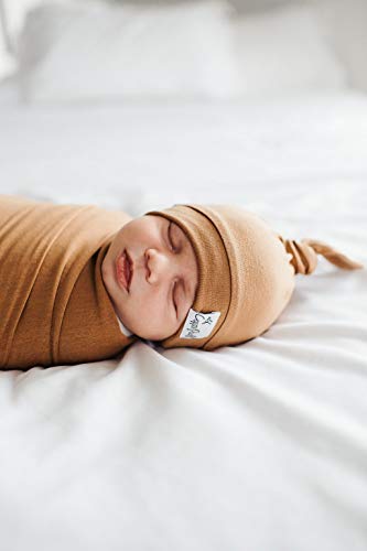Image of Copper Pearl Baby Beanie Hat Top Knot Stretchy Soft Camel