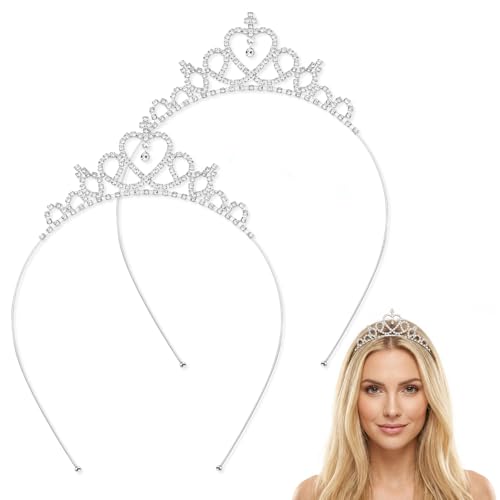 Vin Beauty 2 Pack Glittering Rhinestone Non-slip Crown Headbands for Girls Women Heart Rhinestone Tiara for Wedding Prom Party Costume Gifts