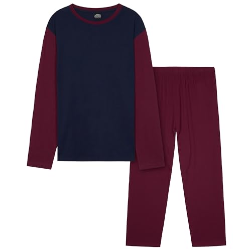 CityComfort Warme Schlafanzug Herren Lang, 2-Teiliges Pyjama Set - Geschenke für Herren Teenager (Burgund/Marineblau, 3XL)