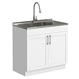 SIMPLIHOME Modern Wide Shaker All-in-One Utility Sink & Cabinet, Pure White, 36-inch Laundry Cabinet, Stainless Steel Sink, Pull-Down Faucet, for Laundry Room, Mudroom, Garage