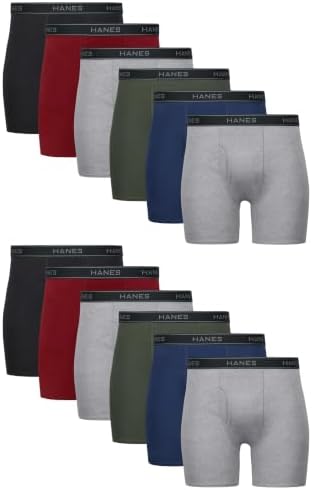 Hanes Men's Boxer Brief Underwear, Cotton Boxer Briefs, Moisture-Wicking, Assorted Solids, 12-Pack