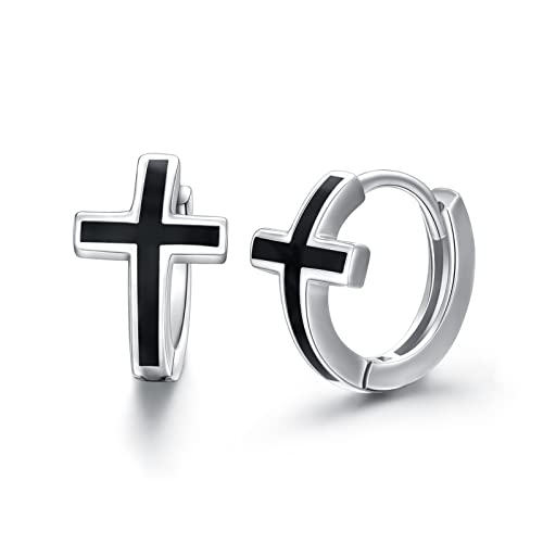 Cross Huggie Earrings Sterling Silver Hypoallergenic Cross Hoop Earrings for Men Women