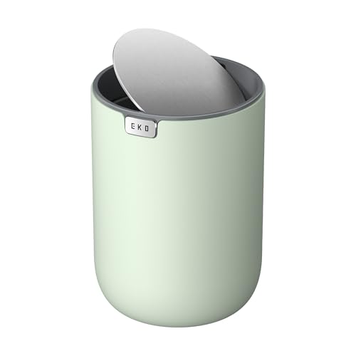 EKO Mini Tischmülleimer mit deckel 1 5 L Kosmetikeimer Kleiner Tischabfalleimer für Bad Schreibtisch oder Schlafzimmer Mülleimer mit Edelstahl-Sockel Small Table Bin Papierkorb Salbeigrün