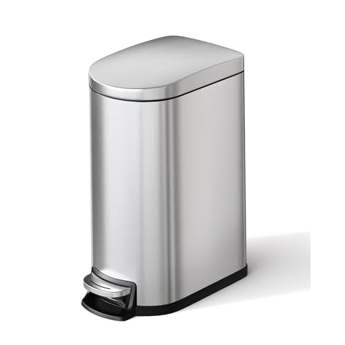 GarveeHome 2.6 Gallon Bathroom Trash Can, Space-Saving Slim Stainless Steel Step-On Garbage Bin with Soft Close Lid, Removable Inner Bucket for Bathro