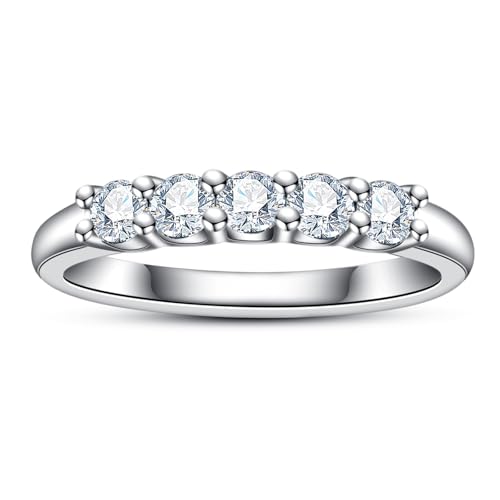 Moissanite Wedding Band 3MM D Color VVS1 Clarity Lab Created Diamond Anniversary Rings 14K White Gold Plated 5 Stone Promise Rings for Mom Wife Jewelry Gifts