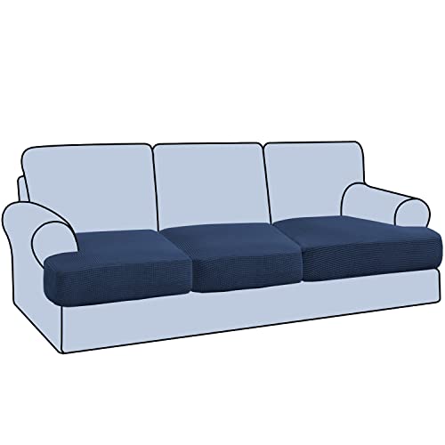 H.VERSAILTEX Stretch 3 Piece T Cushion Sofa Slipcovers Individually Sofa Cushion Covers for 3 Cushion Couch Sofa Seat Cushion Covers with Elastic Bands Featuring Thicker Jacquard Fabric, Navy