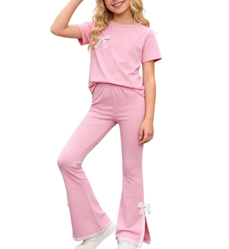 Image of OLMRJKD Kid Toddler Girl Clothes Outfits Short Sleeve Butterfly Top Flared Leg Pants Summer Clothing Set