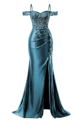 Mermaid Satin Prom Dresses 2025 Lace Applique Off Shoulder Formal Evening Gown with Slit