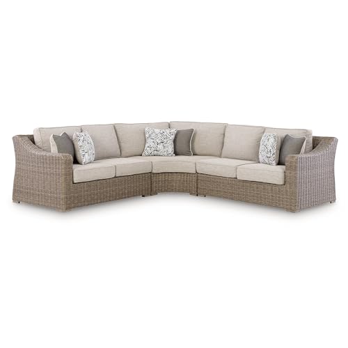 Image of Signature Design by Ashley Revare Beach Coastal Weather Resistant 3-Piece Outdoor Sectional with Removable Cushions and 6 Accent Pillows, Beige