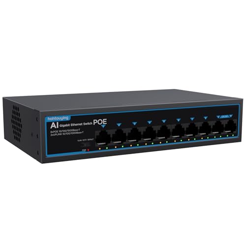 hohtouying 8 Port Gigabit PoE Switch with 2 Gigabit Uplink, 1000Mbps, 802.3af/at, 120W Built-in Power, Vlan, Unmanaged Metal Plug and Play,Ideal for NVR and Power Over Ethernet IP Cameras