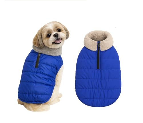 Image of The Pets Company Dog Winter Coat Jacket, Clothes, Windproof, Waterproof, Light Weight, Washable, Ultra Warm Thick Fleece Lined Dog Vest for Cold Weather Protection, (Blue, Small - 14 Inch)