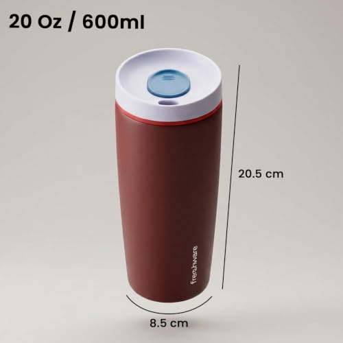 Image of Frenchware AeroMug Insulated Stainless Steel Coffee Tumbler, 600 ml | Smooth Sip Slider, Reusable, Hot & Cold Coffee Travel Mug, Dark Merlot