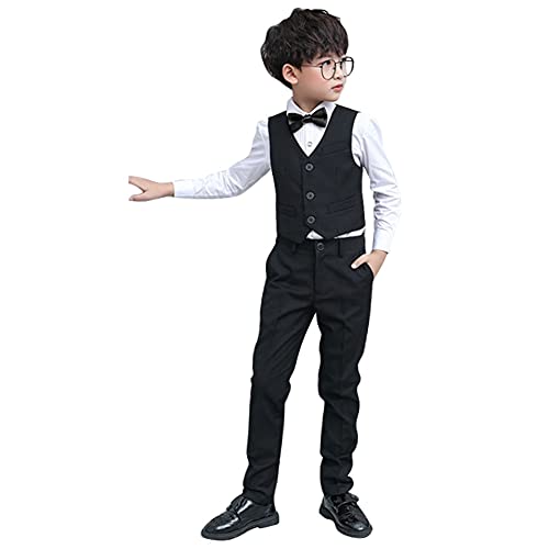 4 Pièces Costume Garçon D'honneur Gentleman Tuxedo Suit Gilet+Chemise+Pantalons Longs+Nœud Papillon Formel Ensemble pour Mariage Communion Cérémonie Anniversaire Soirée Bal Noir 15-16 Ans