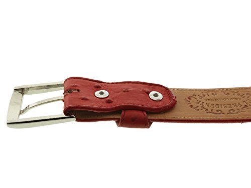 El Presidente Mens Red Ostrich Quill Print Leather Western Cowboy Belt Silver Buckle4